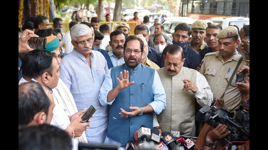 Union ministers Mukhtar Abbas Naqvi, Gajendra Singh Shekhawat and Jitendra Singh challenged the Maharashtra returning officer’s decision not to cancel Shiv Sena MLA Suhas Kande’s vote in the Rajya Sabha elections (PTI) Union ministers Mukhtar Abbas Naqvi, Gajendra Singh Shekhawat and Jitendra Singh challenged the Maharashtra returning officer’s decision not to cancel Shiv Sena MLA Suhas Kande’s vote in the Rajya Sabha elections (PTI)