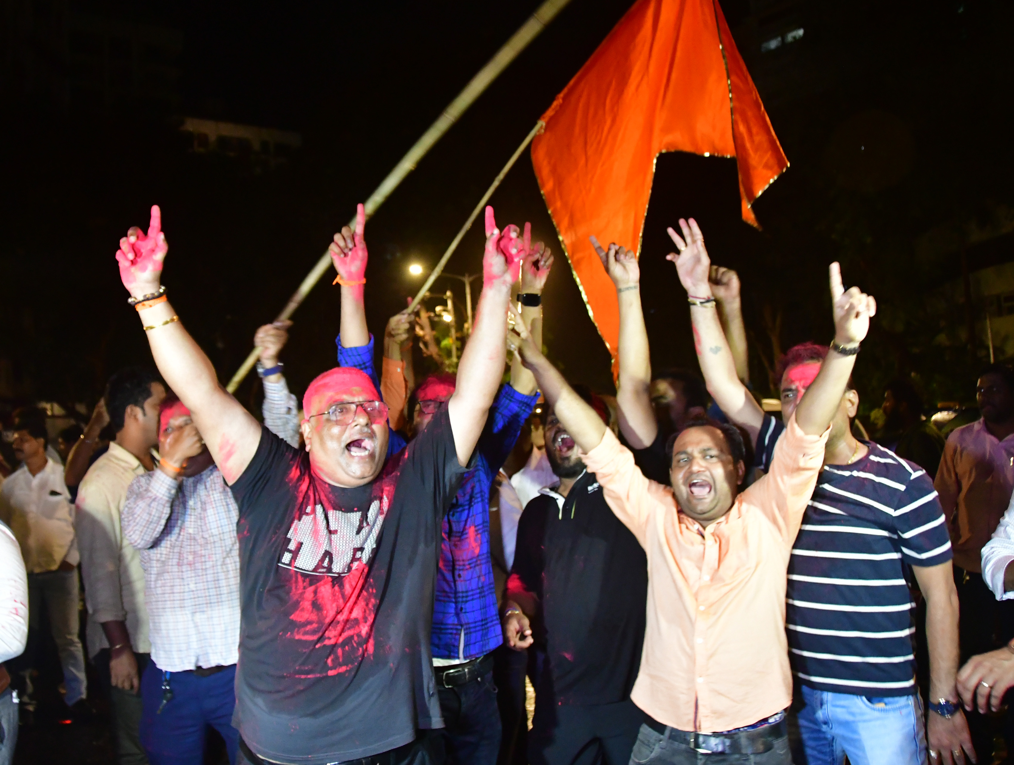 Shiv Sena workers celebrate outside Vidhan Bhavan after the party won Rajya Sabha seat from Maharashtra, in Mumbai, India, on Saturday (HT PHOTO)