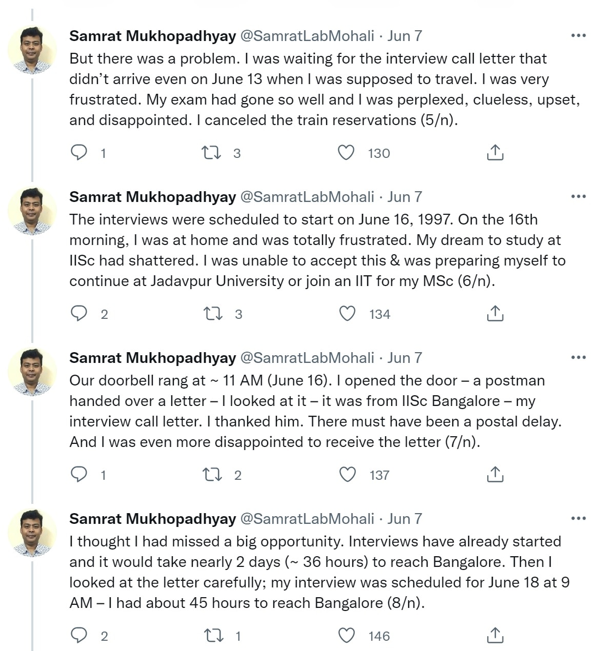A screenshot of the Twitter thread posted by Samrat Mukhopadhyay.(Twitter/@SamratLabMohali) A screenshot of the Twitter thread posted by Samrat Mukhopadhyay.(Twitter/@SamratLabMohali)