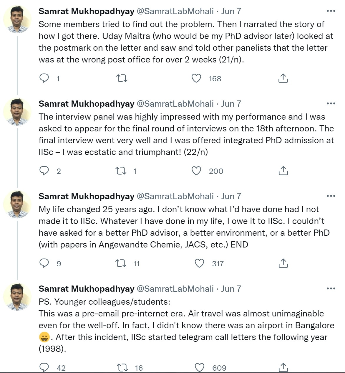 Samrat Mukhopadhyay's inspiring Twitter thread on how he made it to his dream college. (Twitter/@SamratLabMohali) Samrat Mukhopadhyay's inspiring Twitter thread on how he made it to his dream college. (Twitter/@SamratLabMohali)