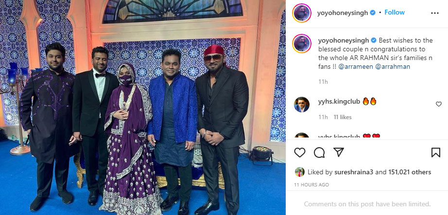 Honey Singh shared a picture from the wedding reception.&nbsp;