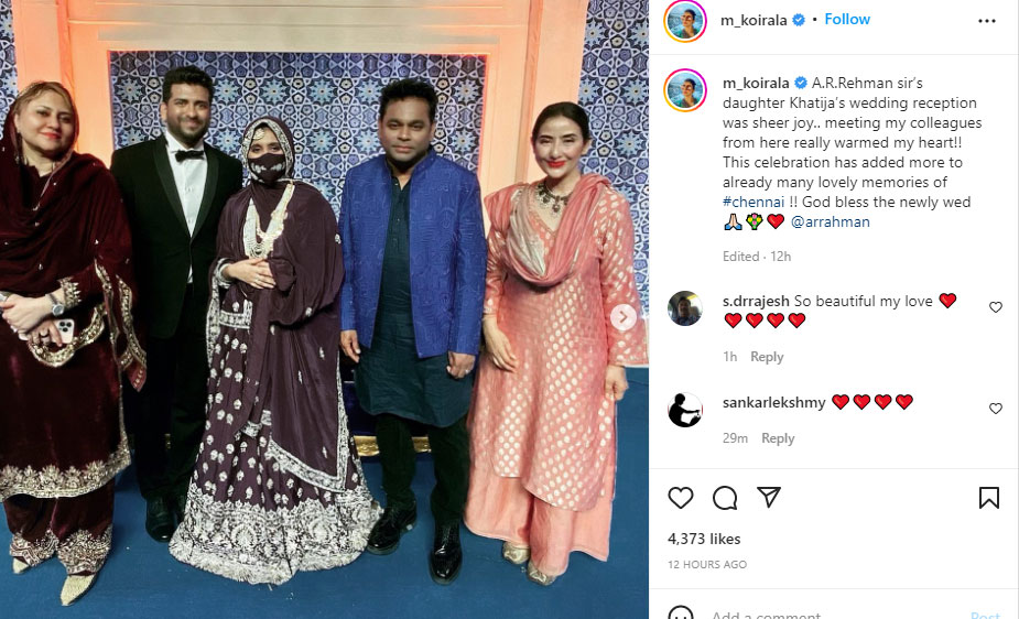 Manisha Koirala shared pictures with AR Rahman and his family.&nbsp;