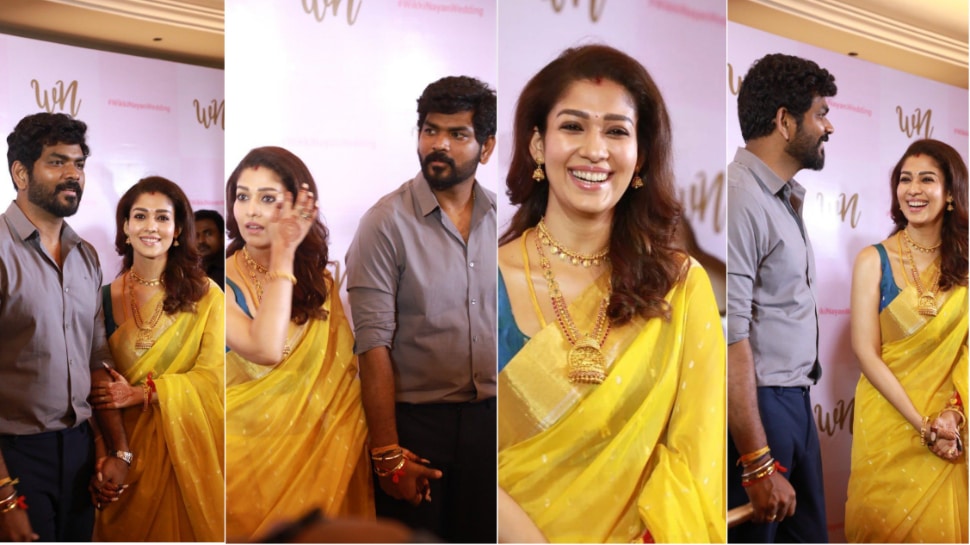 Nayanthara draped a yellow saree and bluish-green blouse.