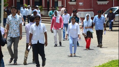 Candidates coming out of a centre after appearing in PCS (prelims)-2022 in Prayagraj on Sunday. (HT photo)