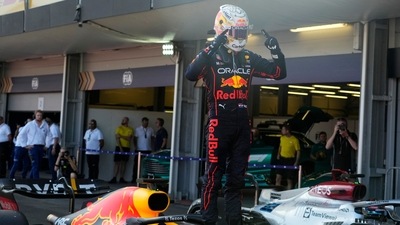 Red Bull driver Max Verstappen celebrates after winning the Azerbaijan Formula One Grand Prix at the Baku circuit (AP)