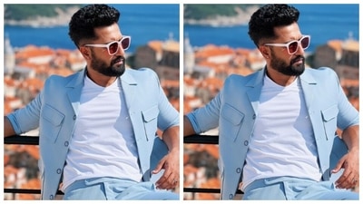 Vicky picked a pastel blue suit to pose for the outdoor photoshoot with the stunning view of Croatia in the backdrop. (Instagram/@vickykaushal09)