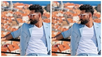 Vicky layered his look in a V-neck white T-shirt and a pastel blue blazer. He teamed it with a pair of pastel blue formal trousers. (Instagram/@vickykaushal09)
