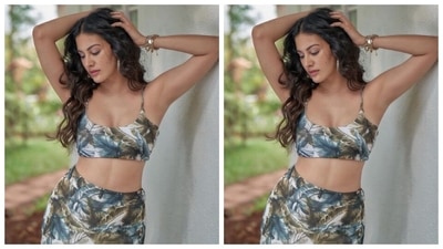 The attire featured a white cropped top intricately printed in blue and moss green patterns. Amyra paired it with a bodycon skirt of the same print. (Instagram/@amyradastur93)