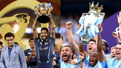 Sourav Ganguly with Hardik Pandya; Manchester City with Premier League trophy&nbsp;