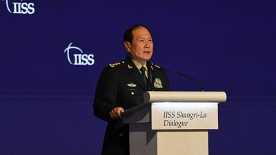 China's Defence Minister Wei Fenghe speaks at the Shangri-La Dialogue summit in Singapore. (AFP)