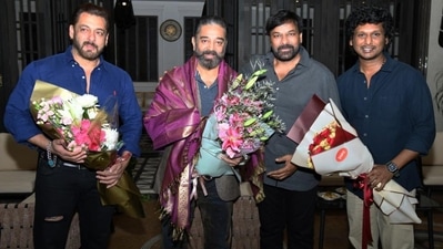 Chiranjeevi turns host for Salman Khan, Kamal Haasan and Lokesh Kanagaraj. Chiranjeevi turns host for Salman Khan, Kamal Haasan and Lokesh Kanagaraj.