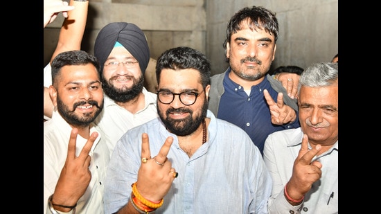After Kartikeya’s win in the Rajya Sabha polls, councillors and workers of the BJP met him at his Ambala residence on Sunday to congratulate him.