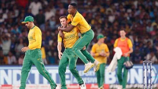 South Africa's Enrique Nortje celebrates the dismissal of India's Ishan Kishan during the second T20I match between India and South Africa at the Barabati Stadium in Cuttack on Sunday (ANI)