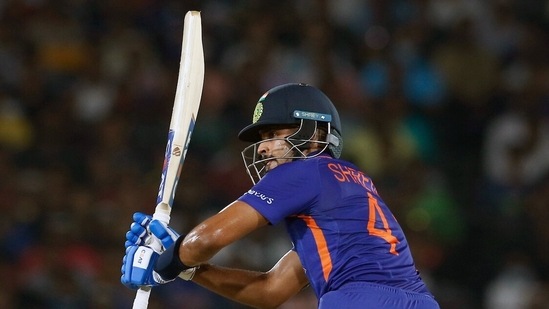 India's Shreyas Iyer plays a shot during the 2nd T20I match between India and South Africa, at Barabati Stadium in Cuttack on Sunday(ANI)