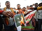 Shri Ram Sena supporters stage a protest in support of suspended BJP leader Nupur Sharma, in Patna on Saturday. (Pappi Sharma/ANI Photo) Shri Ram Sena supporters stage a protest in support of suspended BJP leader Nupur Sharma, in Patna on Saturday. (Pappi Sharma/ANI Photo)