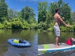 A screengrab from the video of a dog relaxing in a float while its human canoes. (honeypiethedog/Instagram) A screengrab from the video of a dog relaxing in a float while its human canoes. (honeypiethedog/Instagram)