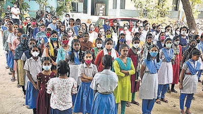 Despite the fears of a possible outbreak of the fourth Covid-19 wave, all the 26,000 odd schools in Telangana reopened on Monday, after the 40-day summer vacations. (Mohammed Aleemuddin)