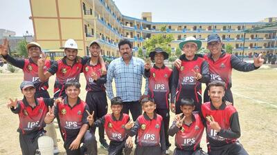 Players in a jubilant mood after defeating rivals at IPS Cricket League being held in Ludhiana. (HT PHOTO)
