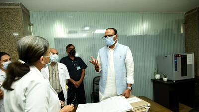 UP deputy chief minister Brajesh Pathak during a surprise visit to the district hospital in Noida on Monday. (Sunil Ghosh/ HT) UP deputy chief minister Brajesh Pathak during a surprise visit to the district hospital in Noida on Monday. (Sunil Ghosh/ HT)