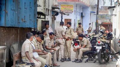 Security personnel in Prayagraj on Monday. (ANI PHOTO) Security personnel in Prayagraj on Monday. (ANI PHOTO)