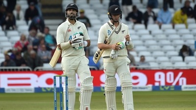 New Zealand's Daryl Mitchell, left, and Matt Henry leave the field at the end of the play on the fourth day (AP) New Zealand's Daryl Mitchell, left, and Matt Henry leave the field at the end of the play on the fourth day (AP)
