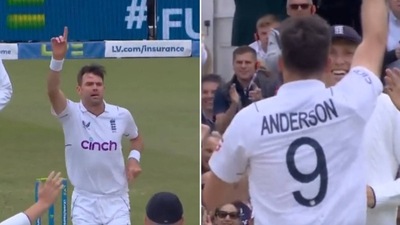 James Anderson celebrates the dismissal of Tom Latham (Twitter)
