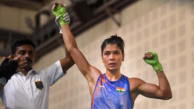 Nikhat Zareen after qualifying in Commonwealth Games (CWG) Trials 2022 in the 48-50kg category (PTI) Nikhat Zareen after qualifying in Commonwealth Games (CWG) Trials 2022 in the 48-50kg category (PTI)