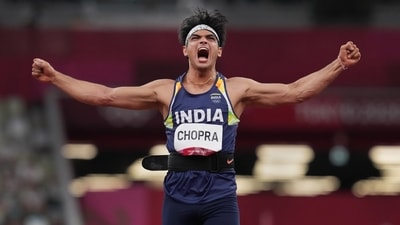 Neeraj Chopra reacts as he competes in the final of the men's javelin throw event at the 2020 Summer Olympics (PTI) Neeraj Chopra reacts as he competes in the final of the men's javelin throw event at the 2020 Summer Olympics (PTI)