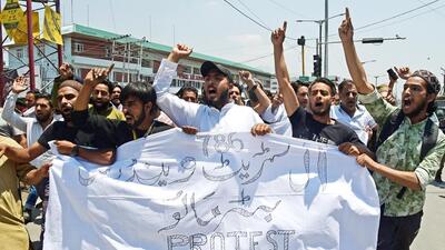 People raise slogans during a protest against Nupur Sharma (recently suspended from BJP), over her alleged remarks on Prophet Muhammed, in Srinagar on Friday on Friday. (Agencies)