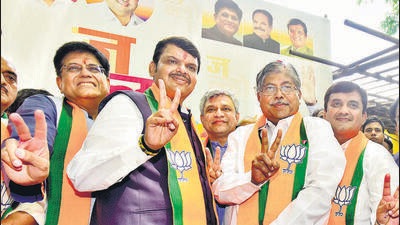 BJP leaders Devendra Fadnavis and Chandrakant Patil celebrate along with winning candidates after the results of Rajya Sabha elections were declared. Anshuman Poyrekar/ HT Photo BJP leaders Devendra Fadnavis and Chandrakant Patil celebrate along with winning candidates after the results of Rajya Sabha elections were declared. Anshuman Poyrekar/ HT Photo