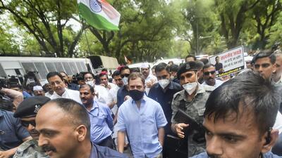 Congress leader Rahul Gandhi leaves for ED office amid protests. (PTI) Congress leader Rahul Gandhi leaves for ED office amid protests. (PTI)