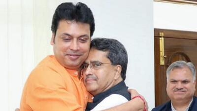 Former Tripura chief minister Biplab Kumar Deb with chief minister Manik Saha after his council of ministers took oath in May last month (PTI File Photo) Former Tripura chief minister Biplab Kumar Deb with chief minister Manik Saha after his council of ministers took oath in May last month (PTI File Photo)