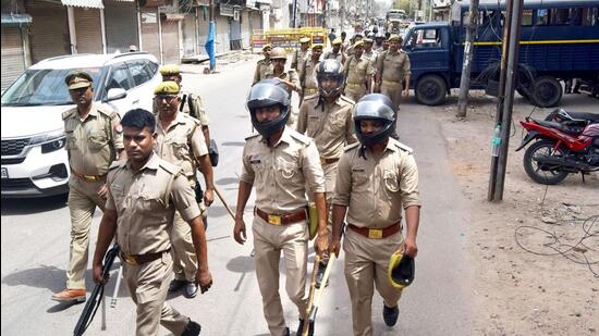 Police personnel were on patrol after a protest against BJP leader Nupur Sharma, who was suspended for making a statement on the Prophet Mohammed at Atala in Prayagraj on Monday.  (ANI)