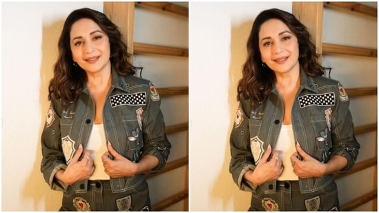 Styled by fashion stylist Ami Patel, Madhuri accessorised her look with black chunky heels and decked up in nude eyeshadow, black eyeliner, mascara-laden eyelashes, drawn eyebrows, contoured cheeks and a shade of nude lipstick.(Instagram/@madhuridixitnene)