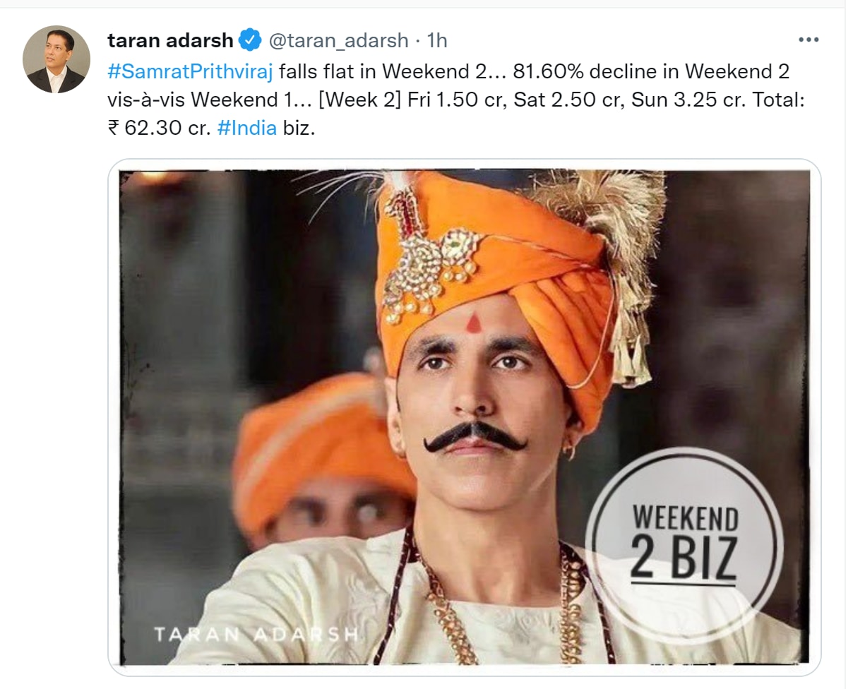 Taran Adarsh's tweet on Akshay Kumar's Samrat Prithviraj's box office report.