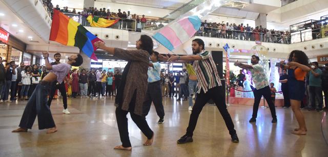 Rainbow flags during the flash mob. Rainbow flags during the flash mob.