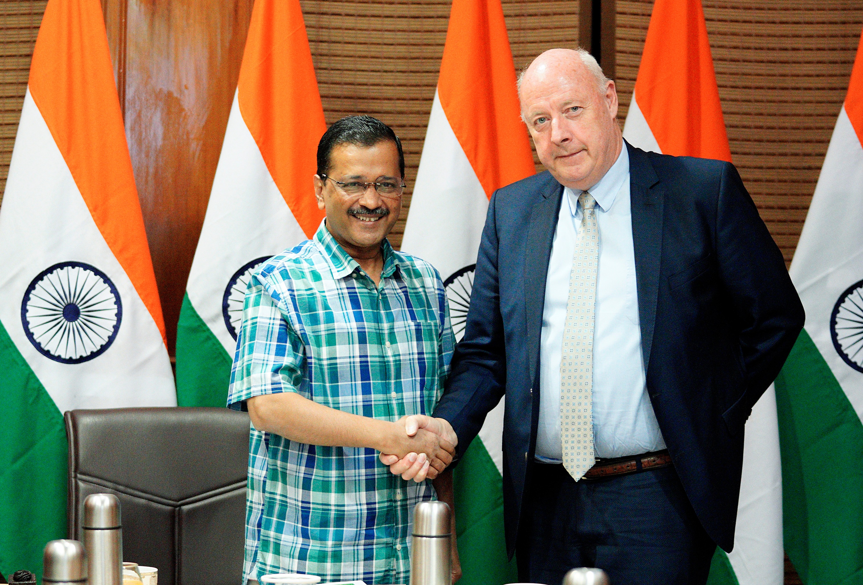 Denmark's Ambassador to India Freddy Swain (Right) calls on Delhi chief minister Arvind Kejriwal (Left), at the Delhi Secretariate, on June 13, 2022. (ANI) Denmark's Ambassador to India Freddy Swain (Right) calls on Delhi chief minister Arvind Kejriwal (Left), at the Delhi Secretariate, on June 13, 2022. (ANI)