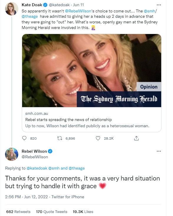 Rebel Wilson on Sunday responded to a tweet regarding an Australian newspaper attempting to reveal the actor's new relationship.&nbsp;