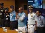Defence minister Rajnath Singh with the three services chief during the unveiling of ‘Agnipath’ recruitment scheme.&nbsp;