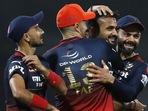 Akash Deep celebrates with Virat Kohli and RCB teammates