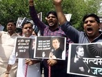 Congress supporters staging a protest over ED’s summon to Rahul Gandhi on Monday. (ANI) Congress supporters staging a protest over ED’s summon to Rahul Gandhi on Monday. (ANI)