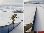The image, taken from the video, shows Olympic skier Jesper Tjäder skiing on a rail grind. (YouTube/@Guinness World Records) The image, taken from the video, shows Olympic skier Jesper Tjäder skiing on a rail grind. (YouTube/@Guinness World Records)