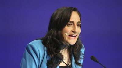 Canada's Minister of Defence, Anita Anand speaks at a plenary session during the 19th International Institute for Strategic Studies (IISS) Shangri-la Dialogue, an annual defence and security forum in Asia, in Singapore, on Sunday. (AP)