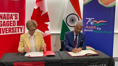 India’s consul-general in Vancouver Manish (right) with Simon Fraser University’s president and vice-chancellor Dr Joy Johnson at the signing of an MoU setting up an India Chair at the institution. (India in Vancouver/Twitter) India’s consul-general in Vancouver Manish (right) with Simon Fraser University’s president and vice-chancellor Dr Joy Johnson at the signing of an MoU setting up an India Chair at the institution. (India in Vancouver/Twitter)