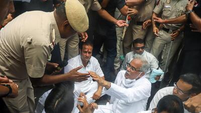 Chhattisgarh chief minister Bhupesh Baghel during the protest against ED’s questioning of Congress leader Rahul Gandhi, in New Delhi on Tuesday. (ANI) Chhattisgarh chief minister Bhupesh Baghel during the protest against ED’s questioning of Congress leader Rahul Gandhi, in New Delhi on Tuesday. (ANI)