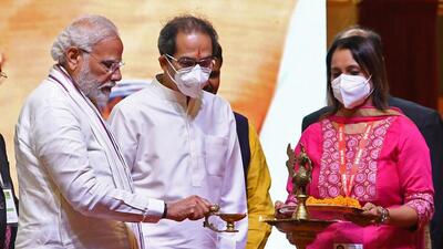 Prime Minister Narendra Modi lighting the lamp at ‘Dwishatabdi Mahotsav’ of Mumbai Samachar, in Mumbai on Tuesday. (ANI/ PIB) Prime Minister Narendra Modi lighting the lamp at ‘Dwishatabdi Mahotsav’ of Mumbai Samachar, in Mumbai on Tuesday. (ANI/ PIB)