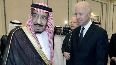 US President Joe Biden (right) with King Salman bin Abdel-Aziz in Riyadh, Saudi Arabia, October 2011. (AP/ FILE) US President Joe Biden (right) with King Salman bin Abdel-Aziz in Riyadh, Saudi Arabia, October 2011. (AP/ FILE)