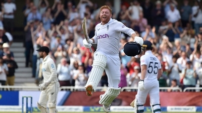 Jonny Bairstow, center, celebrates scoring a century during the fifth day of the second cricket test match (AP) Jonny Bairstow, center, celebrates scoring a century during the fifth day of the second cricket test match (AP)