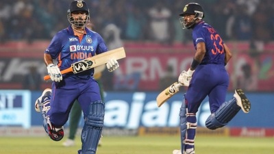 India's Hardik Pandya and India's captain Rishabh Pant score runs during the third Twenty20 (AP) India's Hardik Pandya and India's captain Rishabh Pant score runs during the third Twenty20 (AP)