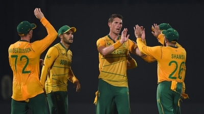 South Africa's bowler Dwaine Pretorius celebrates with teammates after the wicket of Indian batsman Rishabh Pant, during the 3rd T20 (PTI) South Africa's bowler Dwaine Pretorius celebrates with teammates after the wicket of Indian batsman Rishabh Pant, during the 3rd T20 (PTI)